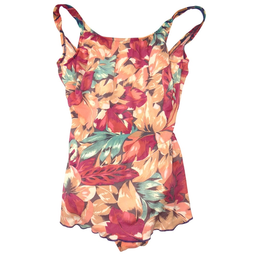 Vintage Jantzen Womens Tropical Floral One Piece Swimsuit Orange Teal Size M